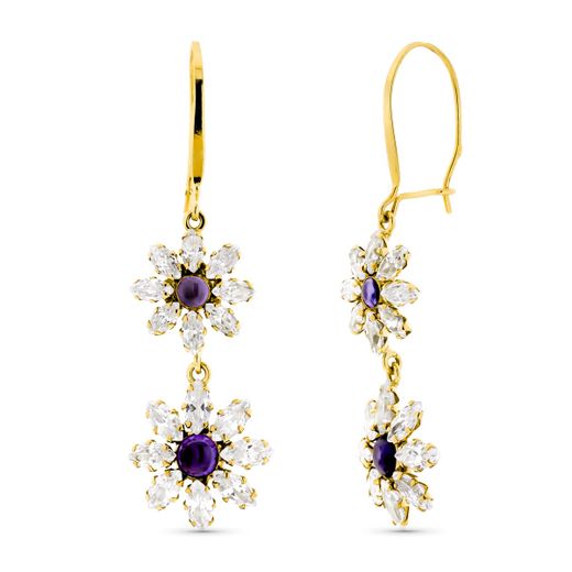 18K Pendientes Oro Amarillo Largos Flores Cierre Gancho