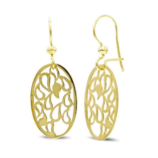 18K Pendientes Oro Amarillo Largos Oval Calados Cierre Gancho