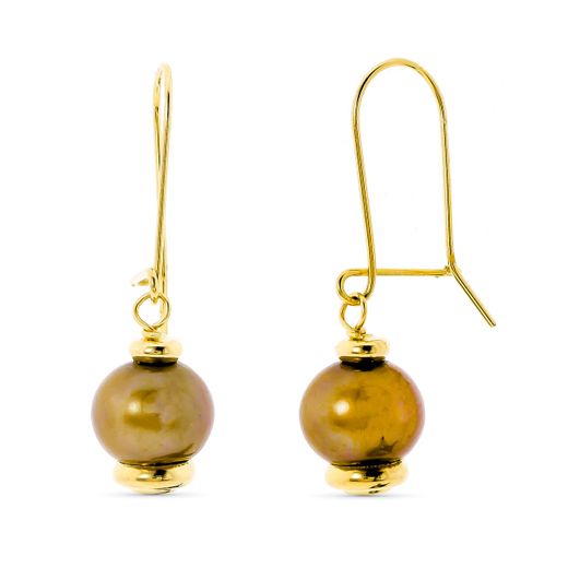 18K Pendientes Oro Amarillo Largos Perla Color 31X9 Mm Cierre Gancho Cierre Gancho