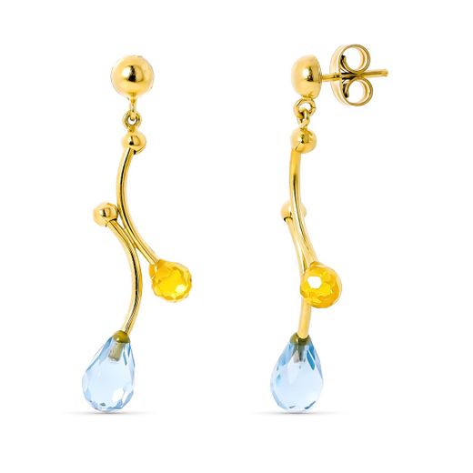 18K Pendientes Oro Amarillo Largos Piedras Aguamarina Y Citrino Cierre Presion