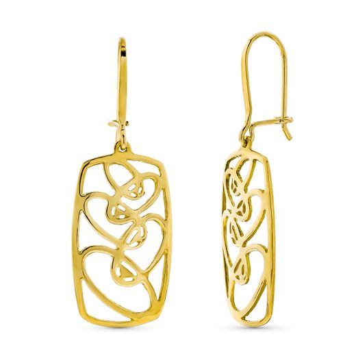 18K Pendientes Oro Amarillo Largos Rectangulares Calados Cierre Gancho