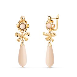 18K Pendientes Oro Amarillo Lazo Marfil. Medida: 33X10 Mm. Cierre Catalan