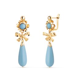 18K Pendientes Oro Amarillo Lazo Turquesas. Medida: 33X10 Mm. Cierre Catalan