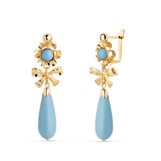 18K Pendientes Oro Amarillo Lazo Turquesas. Medida: 33X10 Mm. Cierre Catalan
