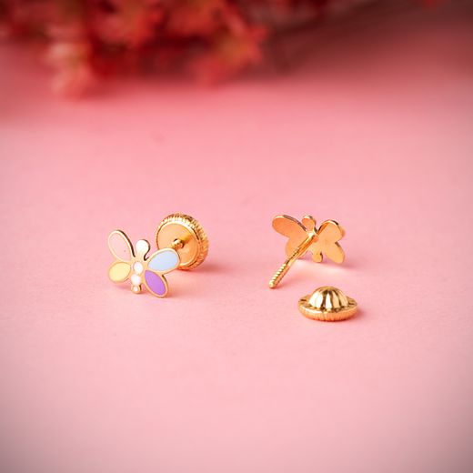 18K Pendientes Oro Amarillo Libelula Esmalte Pastel 7 X 5 Mm. Cierre Tuerca