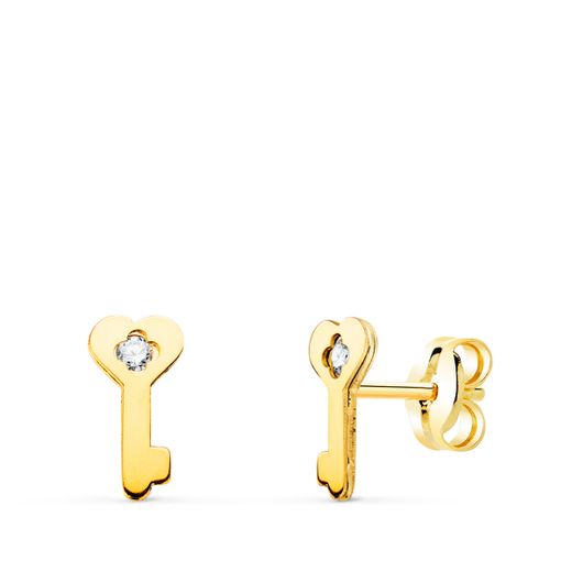 18K Pendientes Oro Amarillo Llave Con Circonita Cierre Presion 8 X 4 Mm