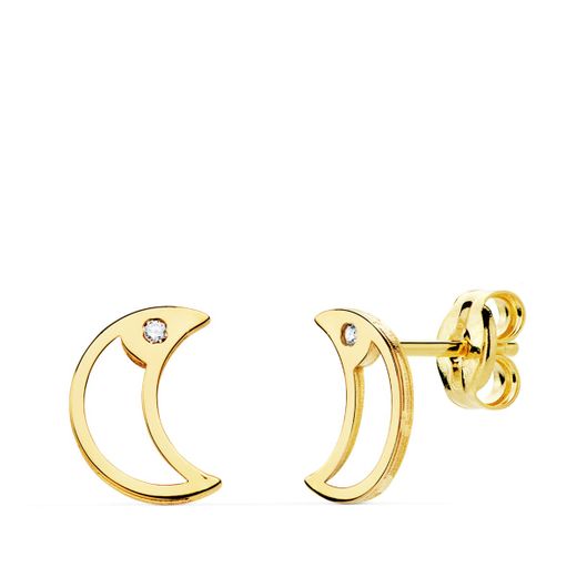 18K Pendientes Oro Amarillo Luna Circonita 8X6 Mm Cierre Presion