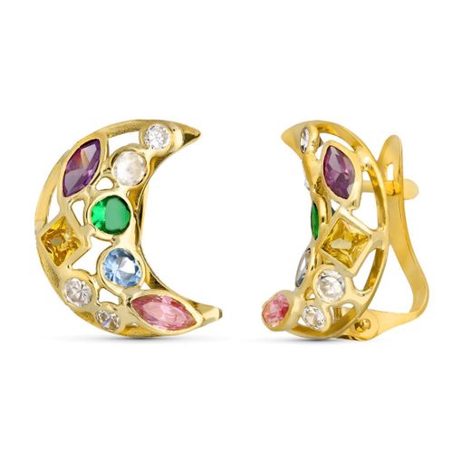 18K Pendientes Oro Amarillo Luna Circonita Color 14X10 Mm Cierre Catalan