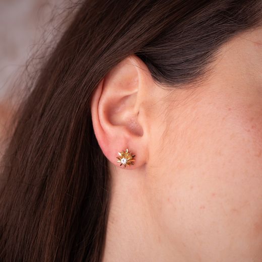 18K Pendientes Oro Amarillo Macizos 2 Diamantes 0,200 Qtes. Medida: 9X9Mm. Cierre Presion