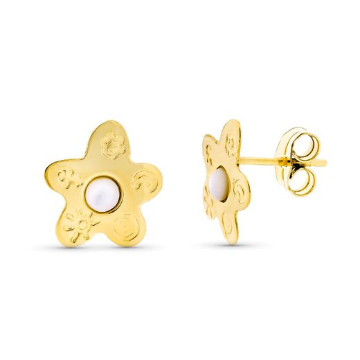 18K Pendientes Oro Amarillo Madreperla Flor 12X11 Mm Cierre Presión