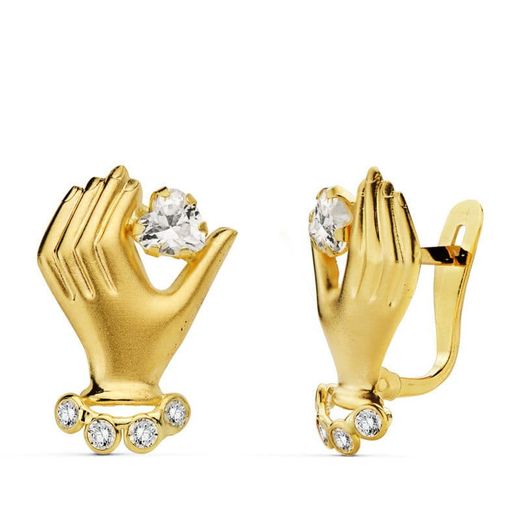 18K Pendientes Oro Amarillo Mano Y Circonita 17X11 Mm Cierre Catalan