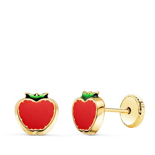 18K Pendientes Oro Amarillo Manzana Esmalte Rojo. 6 X 6 Mm. Cierre Tuerca
