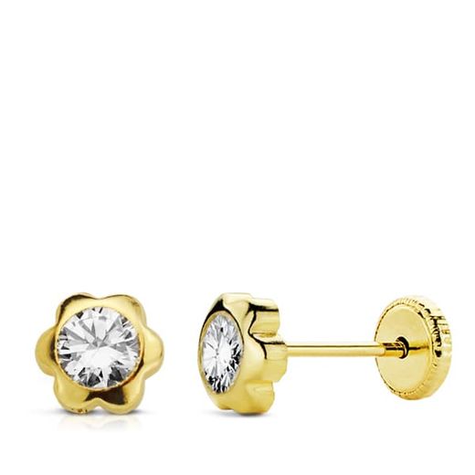 18K Pendientes Oro Amarillo Margarita Circonita 5 Mm Cierre Tuerca