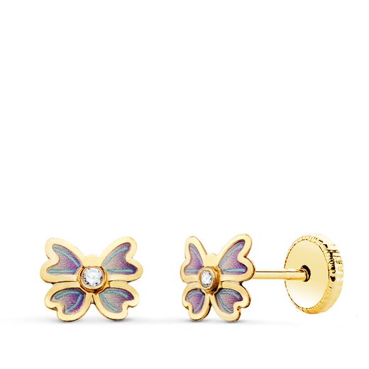 18K Pendientes Oro Amarillo Mariposa Azul Con Circonita.Medida: 6 X 5,5 Mm. Cierre Tuerca
