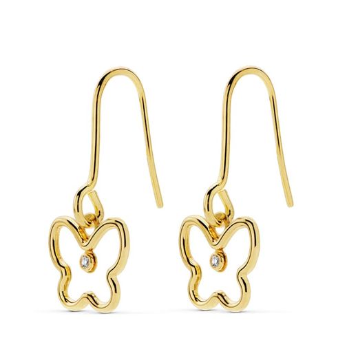 18K Pendientes Oro Amarillo Mariposa Circonita 19X9 Mm Cierre Gancho