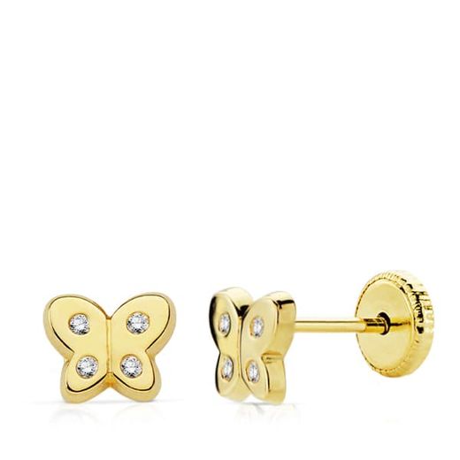 18K Pendientes Oro Amarillo Mariposa Circonita 6X5 Mm Cierre Tuerca