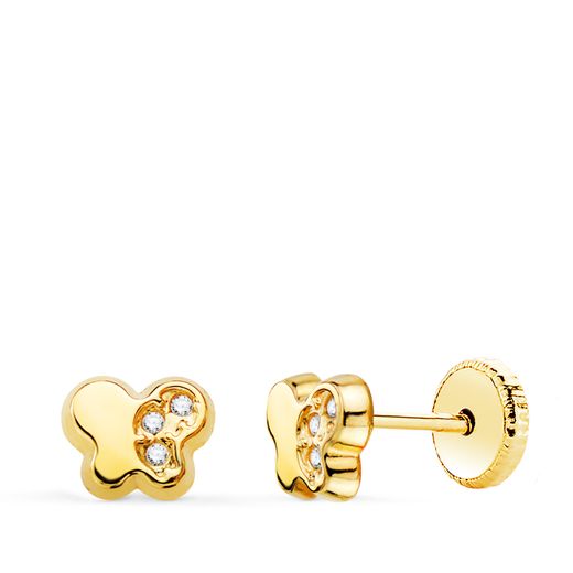 18K Pendientes Oro Amarillo Mariposa Con Circonita 5,5 X 4,5 Mm. Cierre Tuerca