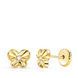 18K Pendientes Oro Amarillo Mariposa Con Circonita 6,5 X 5 Mm. Cierre Tuerca