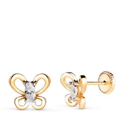 18K Pendientes Oro Amarillo Mariposa Con Circonitas Marquise. Medida: 8X7 Mm. Cierre Tuerca
