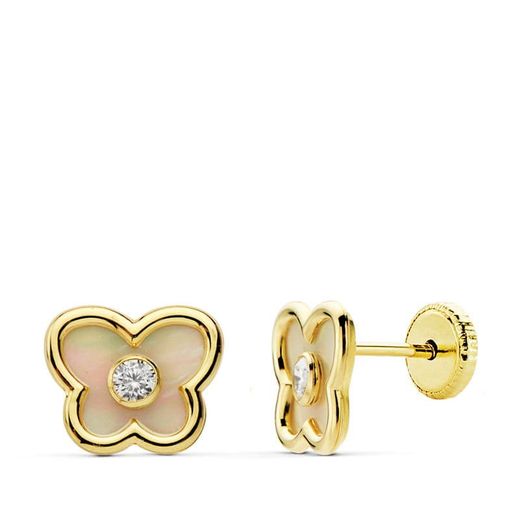 18K Pendientes Oro Amarillo Mariposa Con Nacar 8X7 Mm. Cierre Tuerca