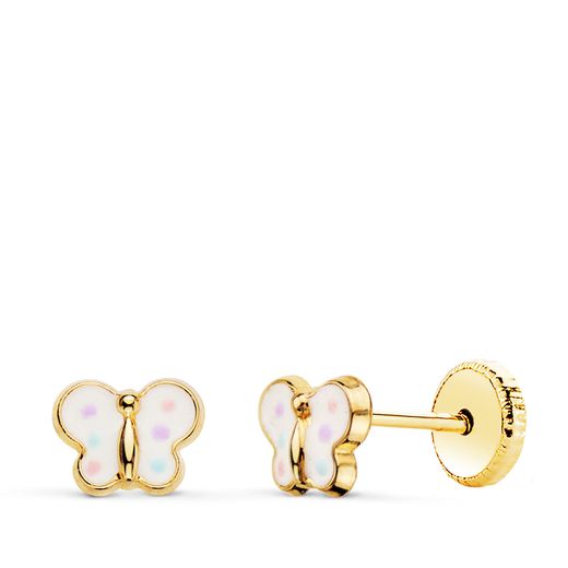 18K Pendientes Oro Amarillo Mariposa Esmalte 6 X 4,5 Mm Cierre Tuerca