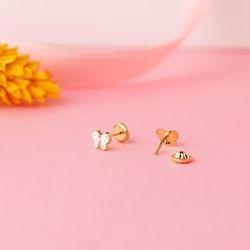 18K Pendientes Oro Amarillo Mariposa Esmalte 6 X 4,5 Mm Cierre Tuerca
