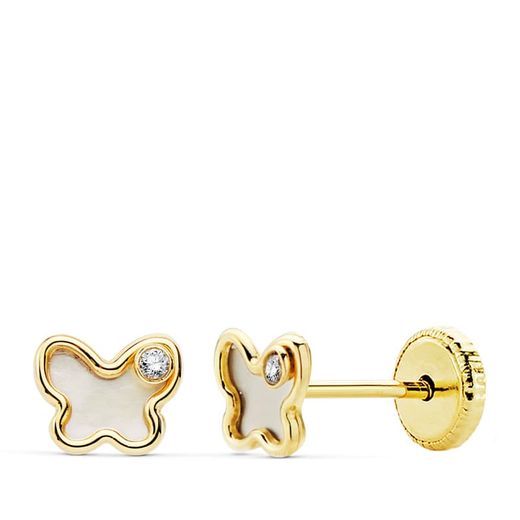 18K Pendientes Oro Amarillo Mariposa Nacar 5X4 Mm Cierre Tuerca