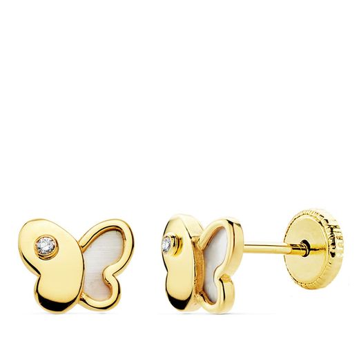 18K Pendientes Oro Amarillo Mariposa Nacar 7X5.5 Mm Cierre Tuerca