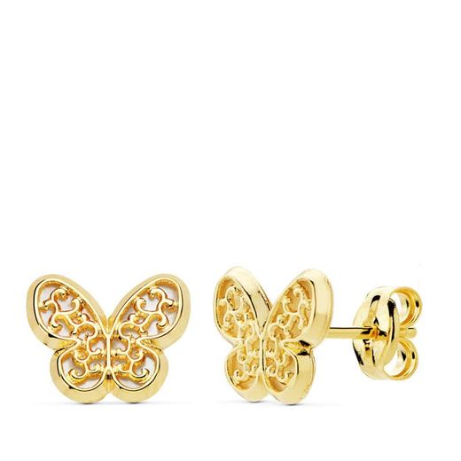 18K Pendientes Oro Amarillo Mariposa Nacar 9X8 Mm Cierre Presion