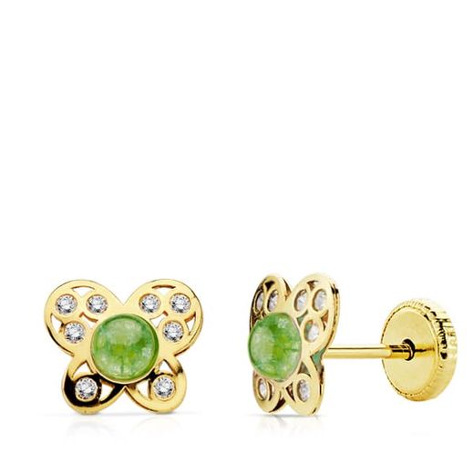 18K Pendientes Oro Amarillo Mariposa Piedra Verde Y Circonita Cierre Tuerca