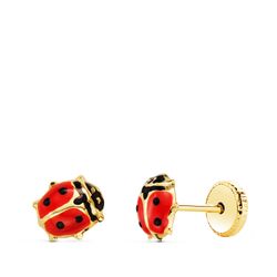 18K Pendientes Oro Amarillo Mariquita Esmalte 5,5X5 Mm. Cierre Tuerca