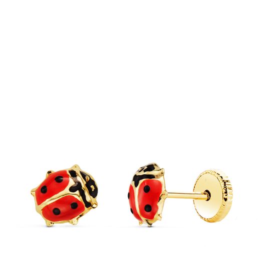 18K Pendientes Oro Amarillo Mariquita Esmalte 5,5X5 Mm. Cierre Tuerca