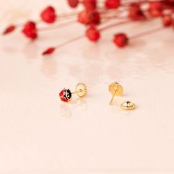 18K Pendientes Oro Amarillo Mariquita Esmalte 5,5X5 Mm. Cierre Tuerca