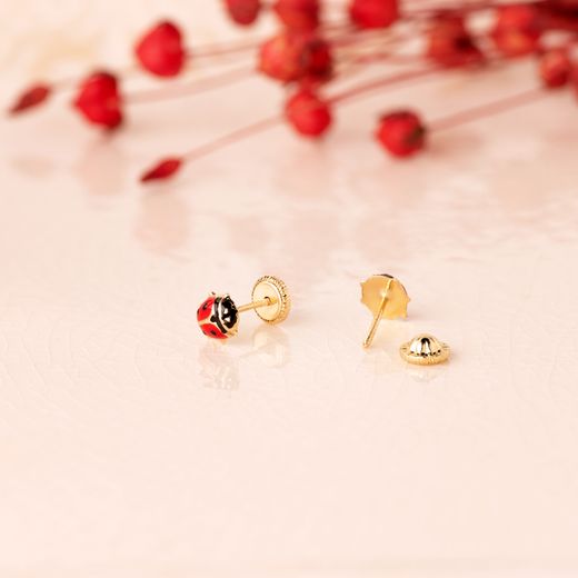 18K Pendientes Oro Amarillo Mariquita Esmalte 5,5X5 Mm. Cierre Tuerca