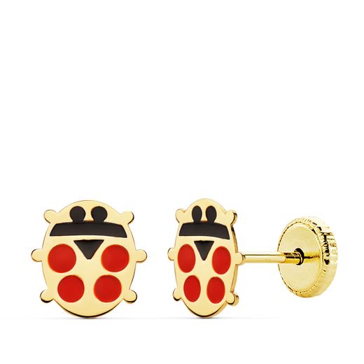 18K Pendientes Oro Amarillo Mariquita Esmalte 8X8 Mm Cierre Tuerca