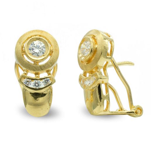 18K Pendientes Oro Amarillo Mate Y Brillo Circulo Y Circonita Cierre Omega