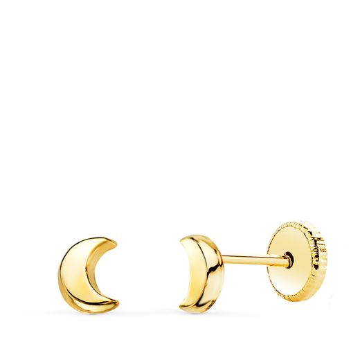 18K Pendientes Oro Amarillo Media Luna Con Brillo 5X4 Mm. Cierre Tuerca