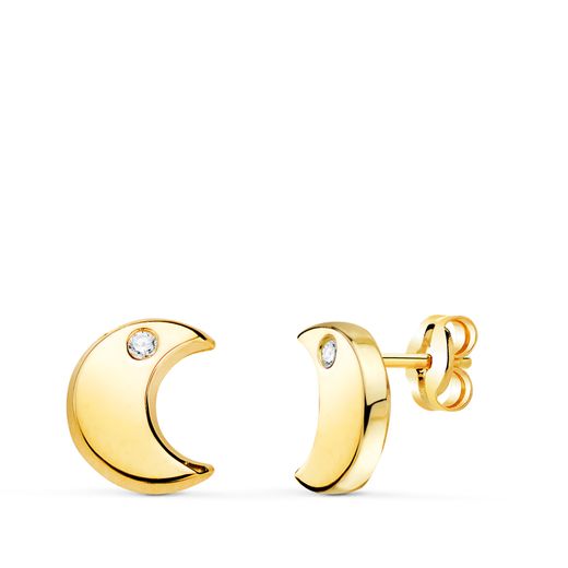 18K Pendientes Oro Amarillo Media Luna Con Circonita En Brillo 9X8 Mm. Cierre Presion