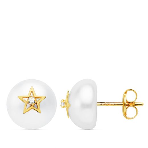 18K Pendientes Oro Amarillo Media Perla 9 Mm Y Estrella Cierre Presion