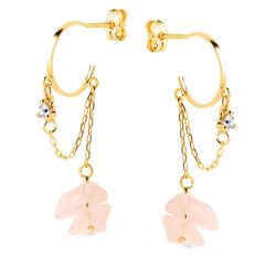 18K Pendientes Oro Amarillo Medio Aro 11Mm Con Cadena Y Cuarzo Rosa 33Mm. Cierre Presion
