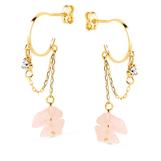 18K Pendientes Oro Amarillo Medio Aro 11Mm Con Cadena Y Cuarzo Rosa 33Mm. Cierre Presion