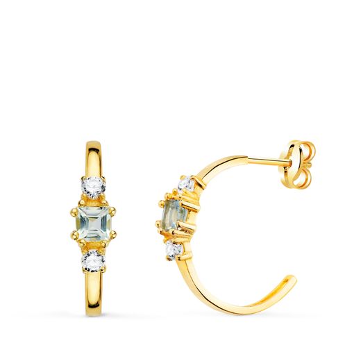 18K Pendientes Oro Amarillo Medio Aro Aguamarina Cuadrada Y Circonitas. 14X3,5 Mm Cierre Presion