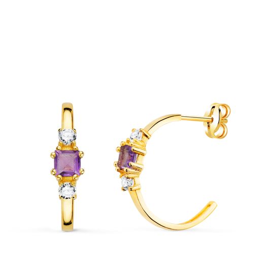 18K Pendientes Oro Amarillo Medio Aro Amatista Cuadrada Y Circonitas. 14X3,5 Mm Cierre Presion
