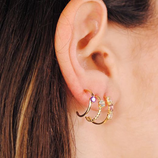 18K Pendientes Oro Amarillo Medio Aro Amatista Talla Marquise. 15X2 Mm Presion