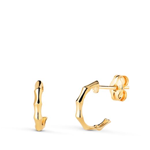 18K Pendientes Oro Amarillo Medio Aro Bambu. Medida: 11X2 Mm. Cierre Presion