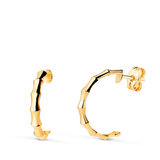 18K Pendientes Oro Amarillo Medio Aro Bambu. Medida: 15X2 Mm. Cierre Presion