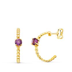 18K Pendientes Oro Amarillo Medio Aro Bolitas Con Amatista 13X3Mm Cierre Presion