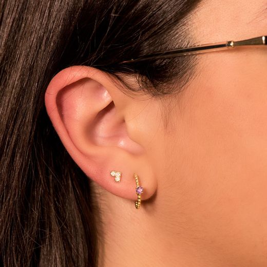 18K Pendientes Oro Amarillo Medio Aro Bolitas Con Amatista 13X3Mm Cierre Presion