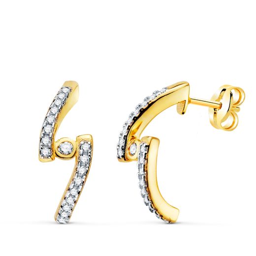 18K Pendientes Oro Amarillo Medio Aro Doble Banda Circonita 15 X 6 Mm Cierre Presion.