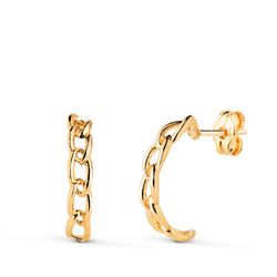 18K Pendientes Oro Amarillo Medio Aro Eslabones 16X3 Mm. Cierre Presion